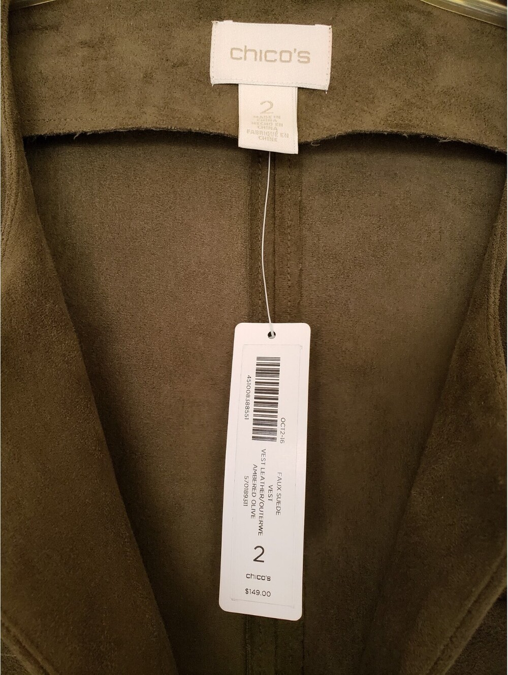 Chicos Vest Size 2 US 12 (L) Belted Olive Green Faux Suede Long Open Topper - Picture 3 of 6